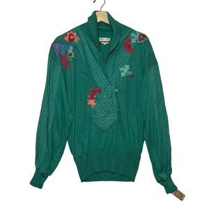 Vintage Marc D’alcy Sweater 80s Women’s Embroidery Embellished Size Small Green